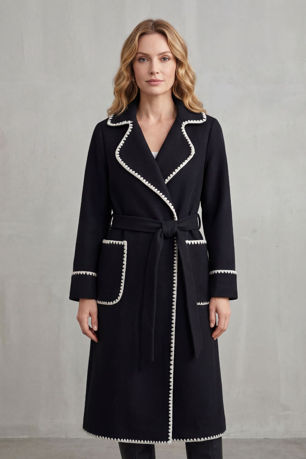 Women's Longline Belted Coat with Contrast Trim – Esme