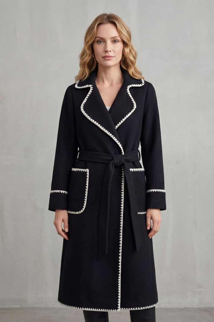 Women's Longline Belted Coat with Contrast Trim – Esme