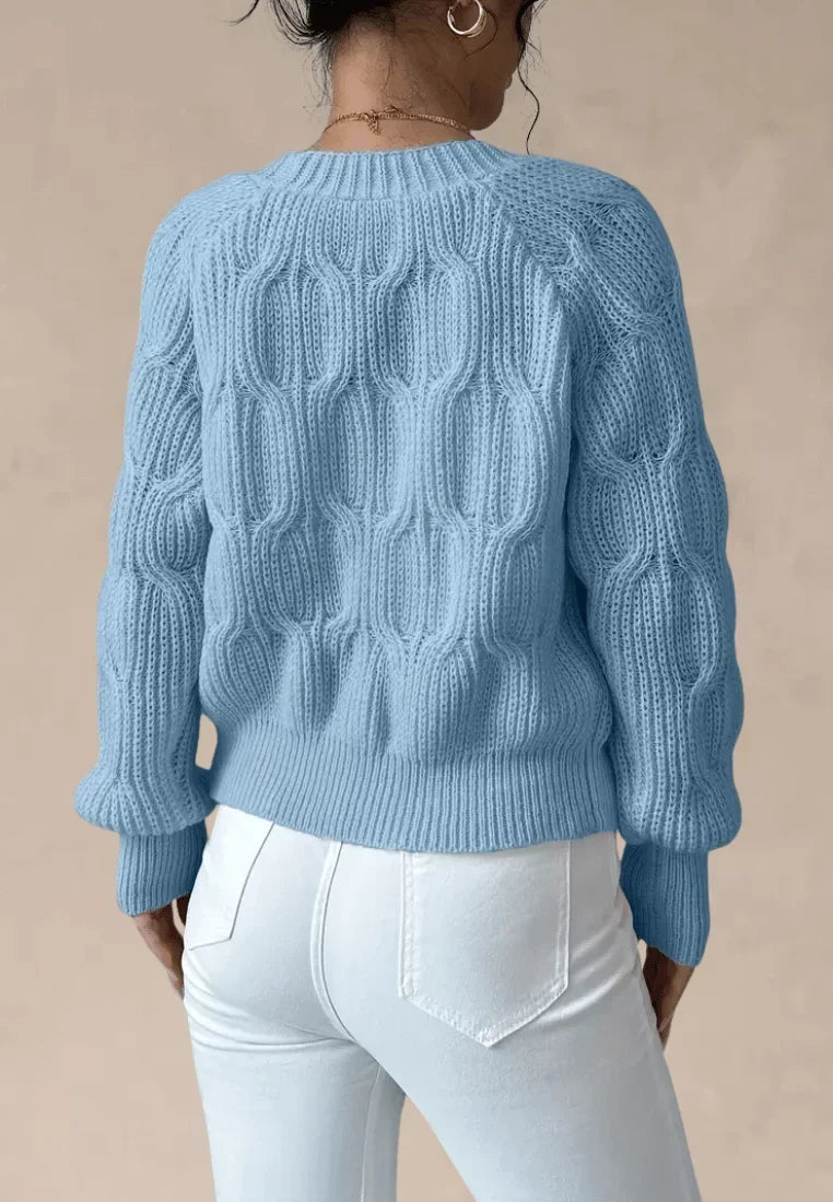 Bute women's cable knit cardigan in Light Blue – back view