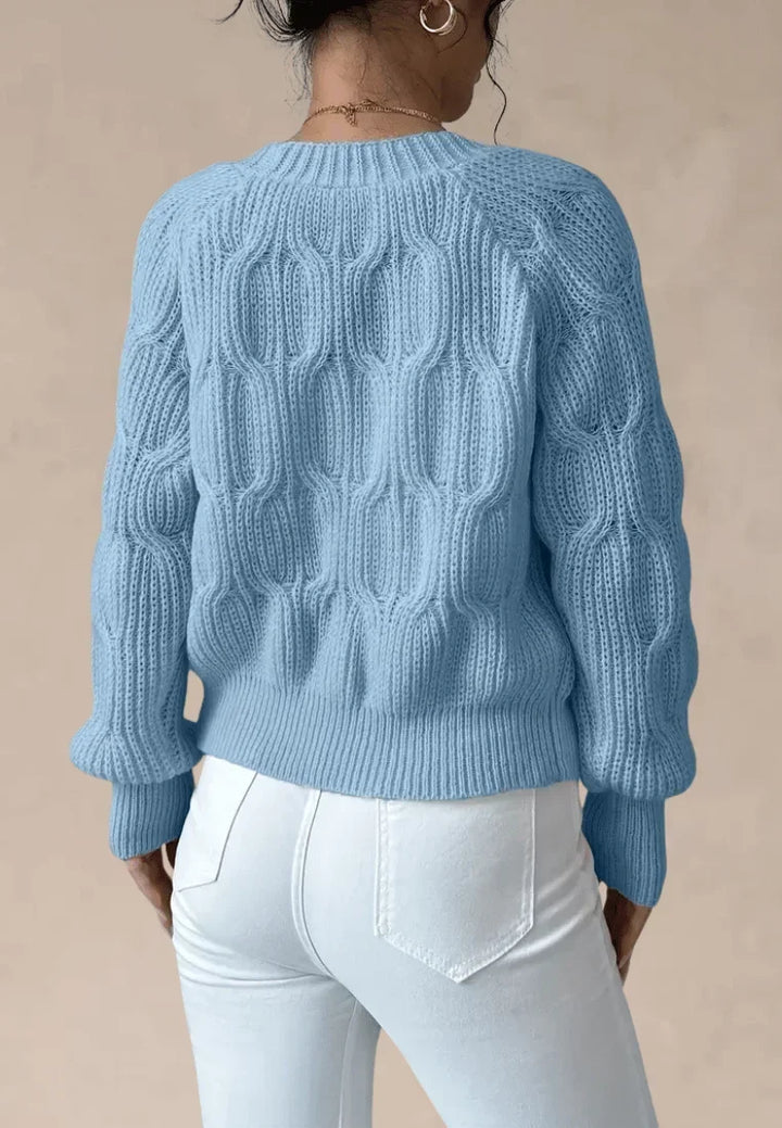 Bute women's cable knit cardigan in Light Blue – back view