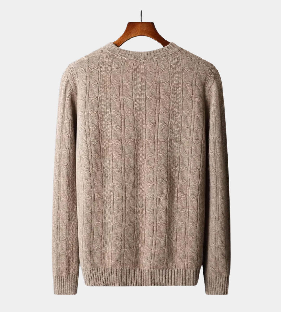 Men's dark beige cable knit crew neck jumper – back view on hanger