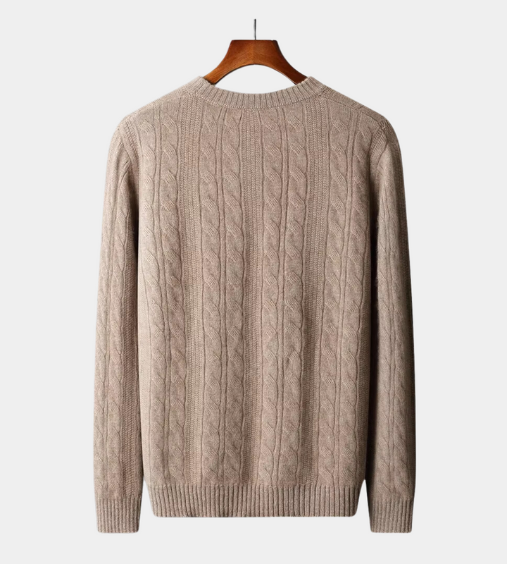 Men's dark beige cable knit crew neck jumper – back view on hanger