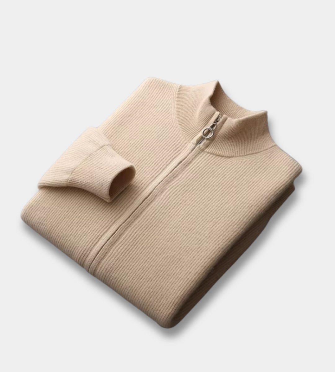 Men's ribbed zip up cardigan Penrith in Beige – folded view