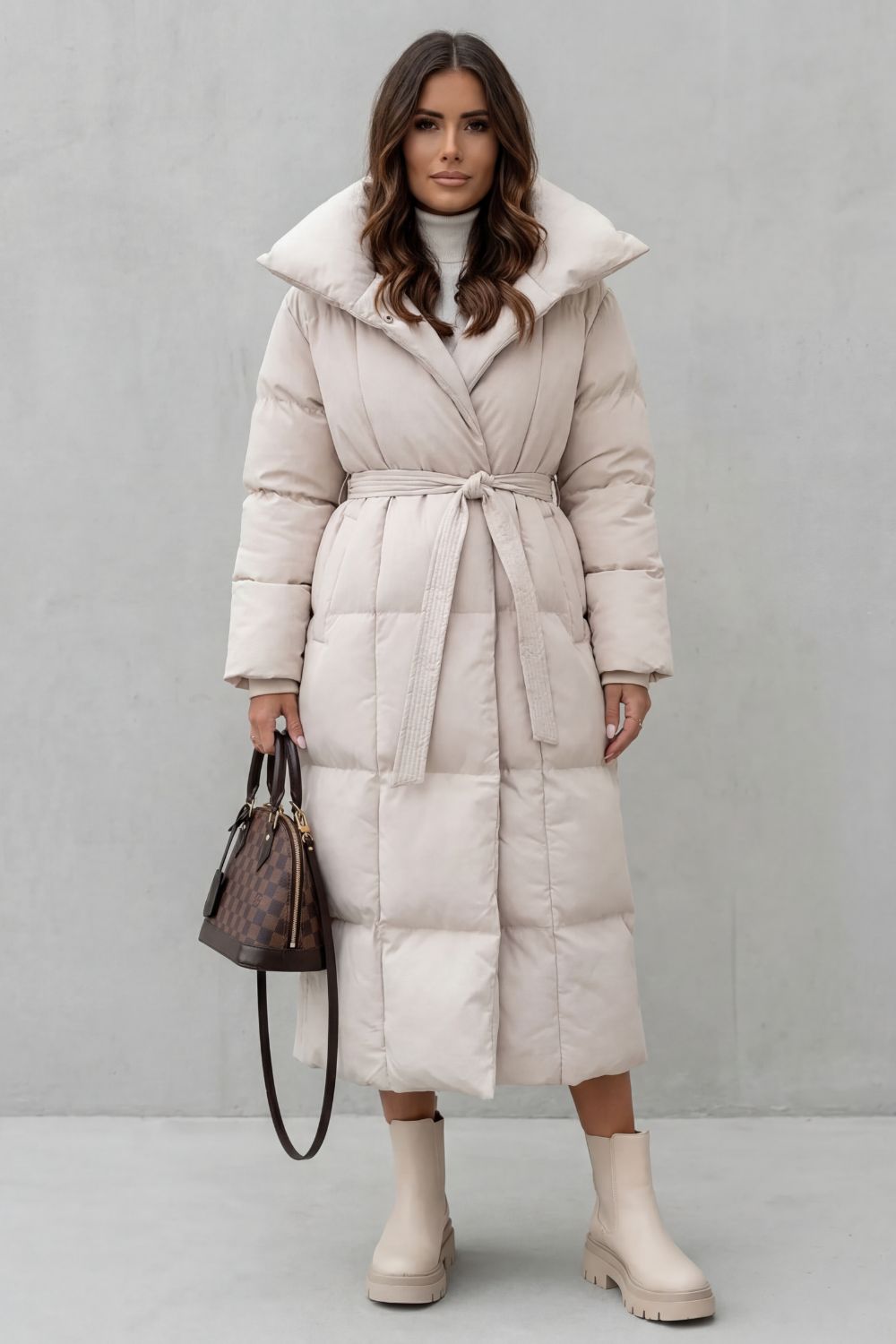 Women's Belted Long Puffer Coat with Silhouette Design – Ines