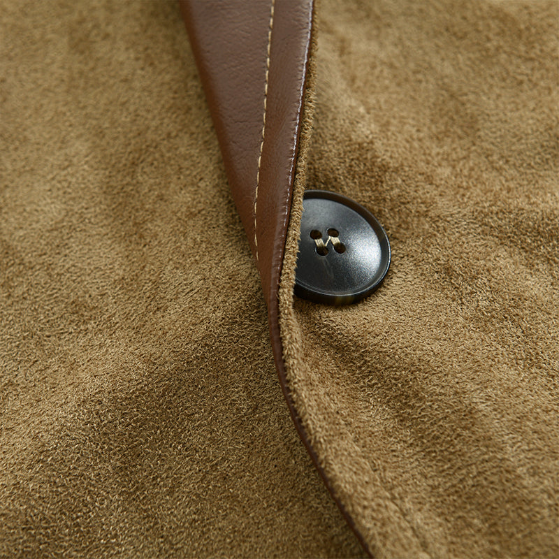 Men's Suede-Effect Fur-Look Collar Jacket Bruce in Khaki – button and lapel trim close-up
