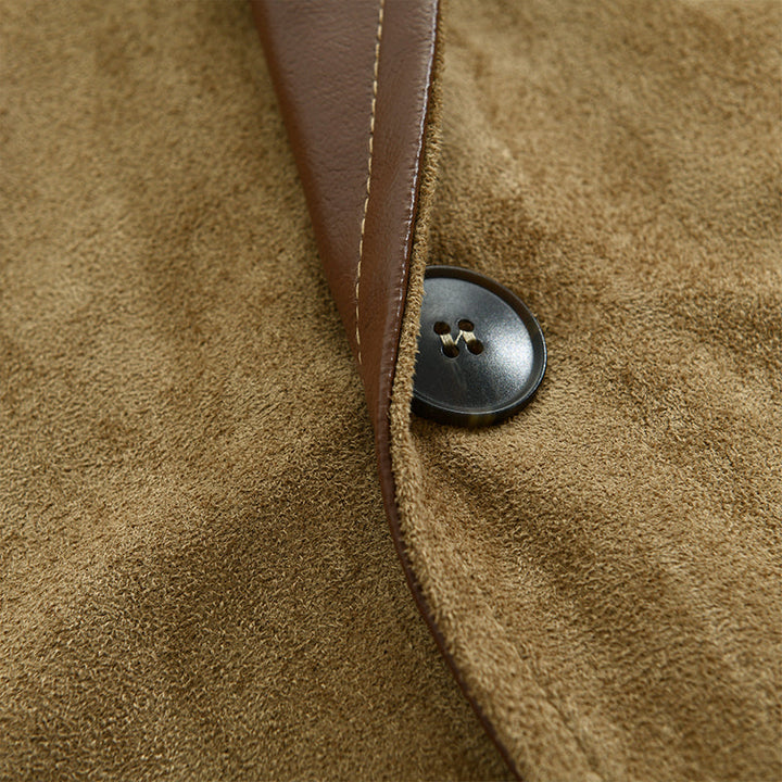 Men's Suede-Effect Fur-Look Collar Jacket Bruce in Khaki – button and lapel trim close-up
