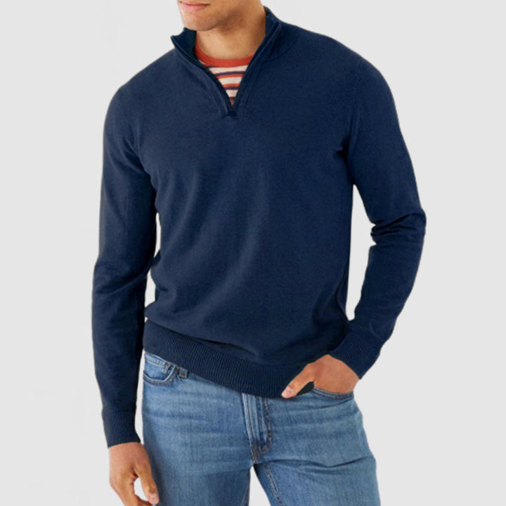 Men's Fine Knit Quarter Zip Jumper – Zarek in Navy Blue, front view