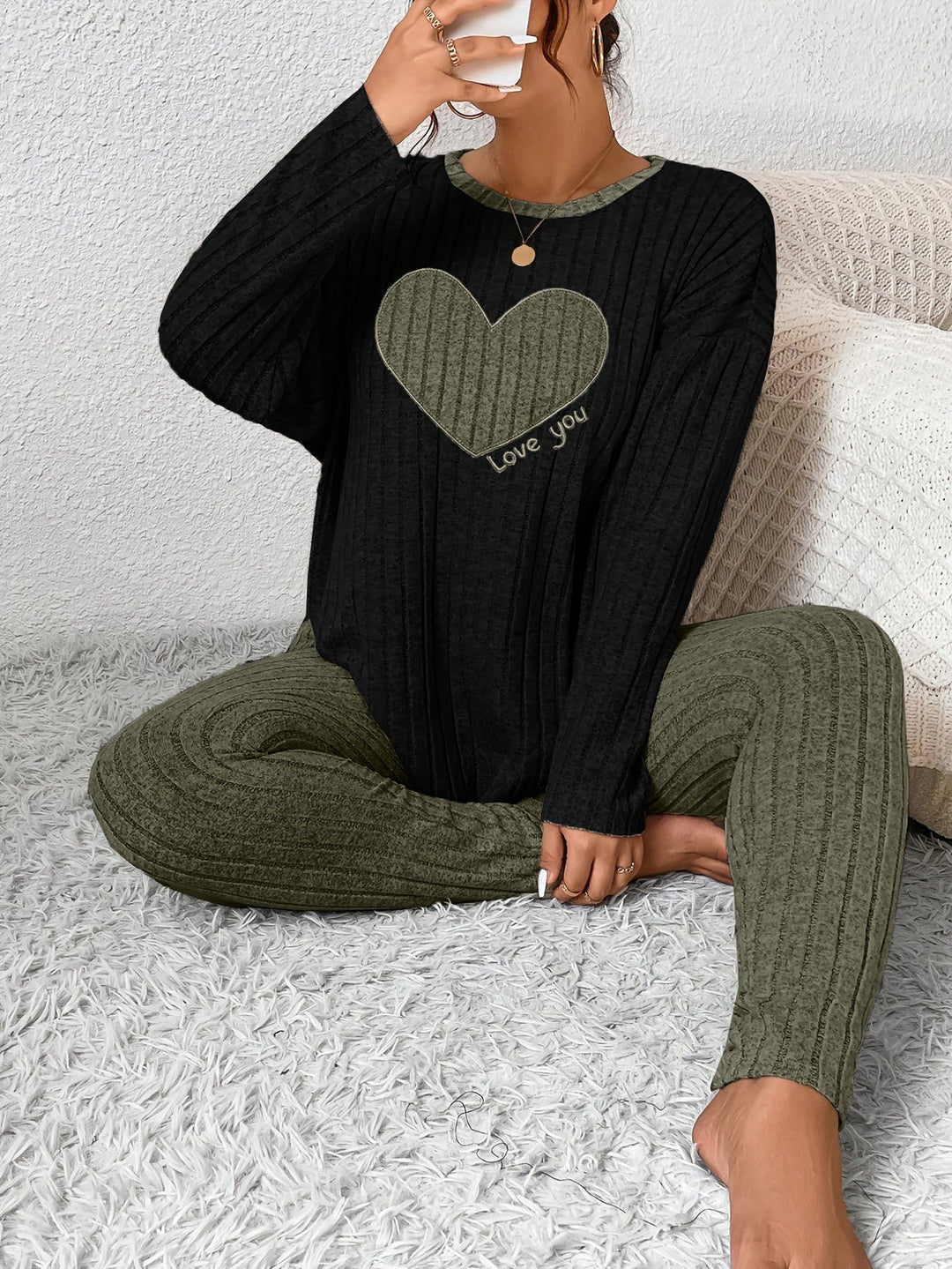 Women's Heart Print Loungewear Set Long Sleeve Top Trousers
