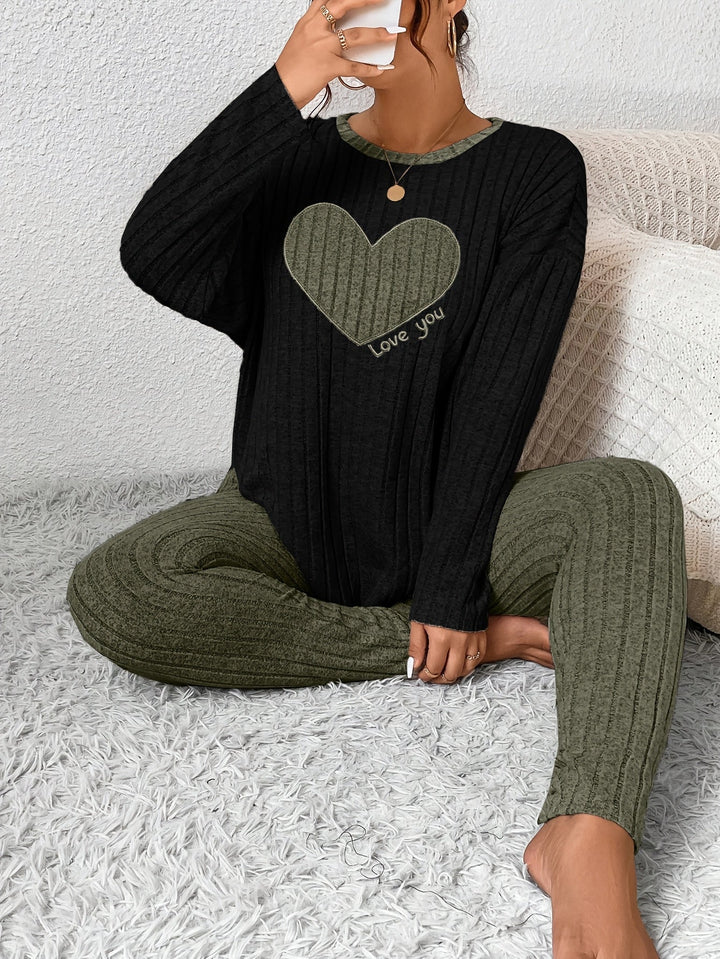 Women's Heart Print Loungewear Set Long Sleeve Top Trousers