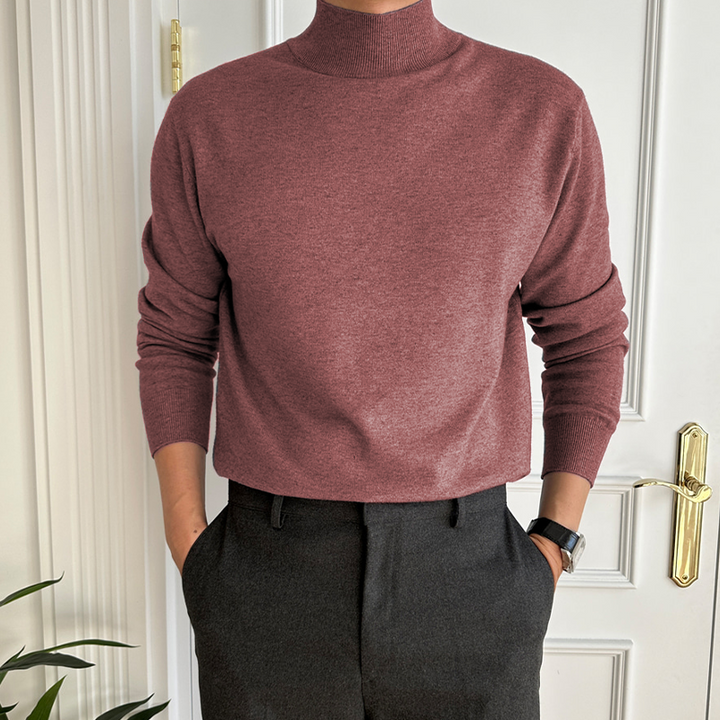 Men's fine knit mock neck jumper Piers – burgundy shade, front view
