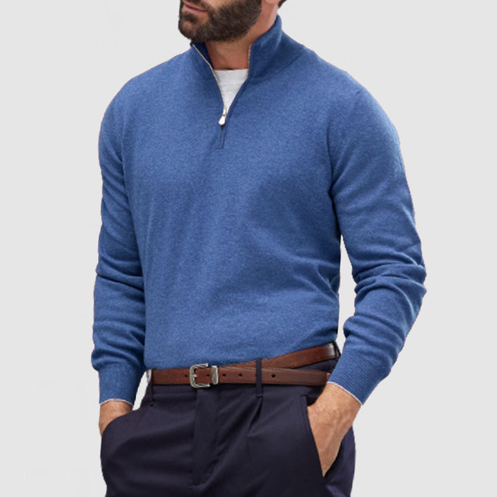 Men's Smooth Knit Quarter Zip Jumper – Jett in Blue, front view