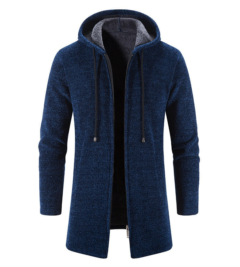 Men's Long Hooded Cardigan Coat Hollis in Blue – front view