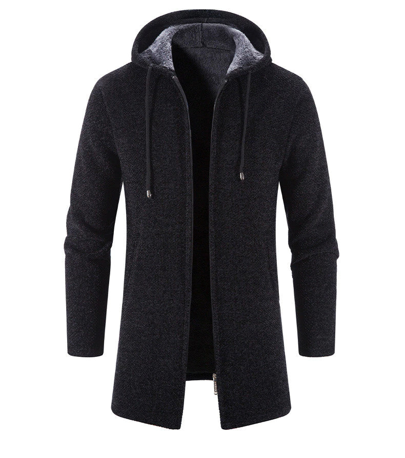 Men's Long Hooded Cardigan Coat Hollis in Black – front view