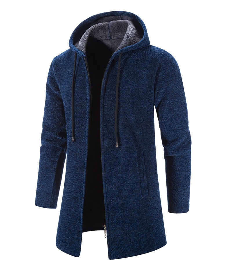 Men's Long Hooded Cardigan Coat Hollis in Blue – angled view