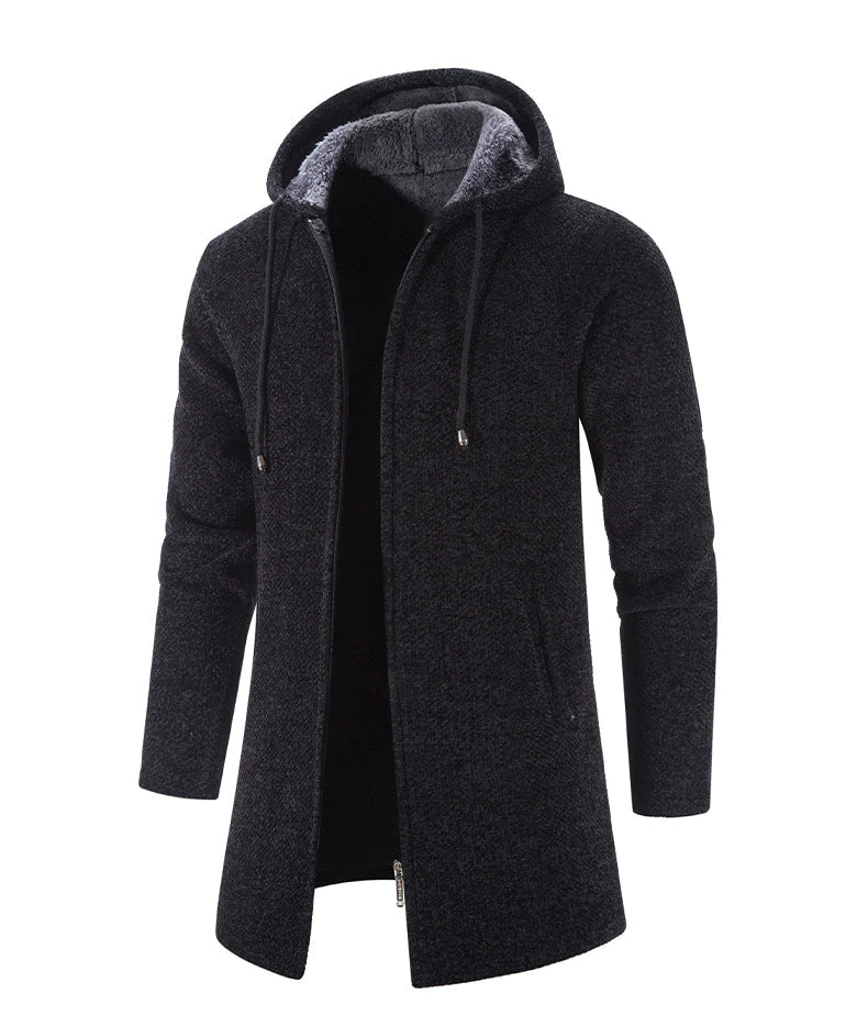 Men's Long Hooded Cardigan Coat Hollis in Black – angled view
