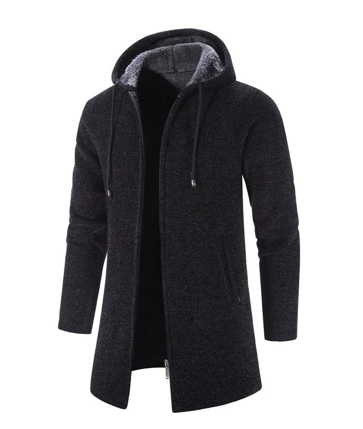 Men's Long Hooded Cardigan Coat Hollis in Black – angled view
