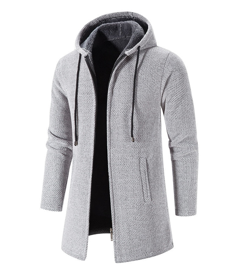 Men's Long Hooded Cardigan Coat Hollis in Grey – angled view