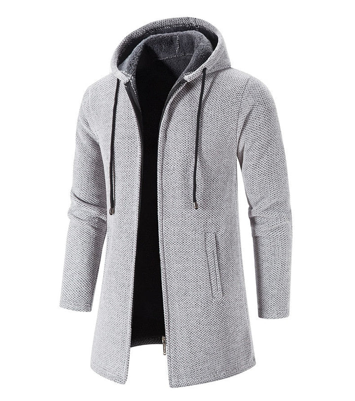 Men's Long Hooded Cardigan Coat Hollis in Grey – angled view