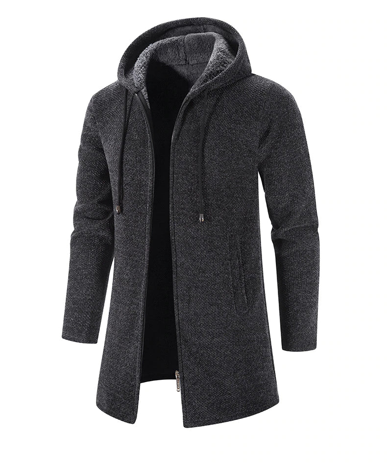 Men's Long Hooded Cardigan Coat Hollis in Dark Grey – angled view