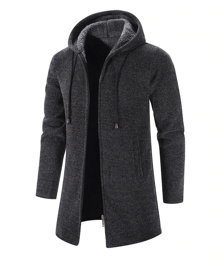 Men's Long Hooded Cardigan Coat Hollis in Dark Grey – angled view