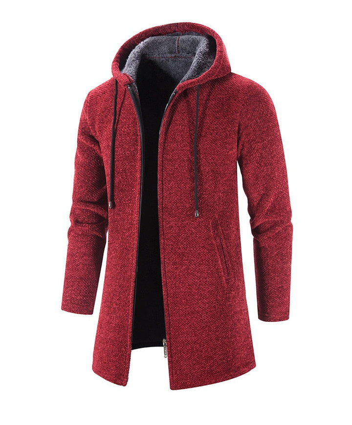 Men's Long Hooded Cardigan Coat Hollis in Red – angled view