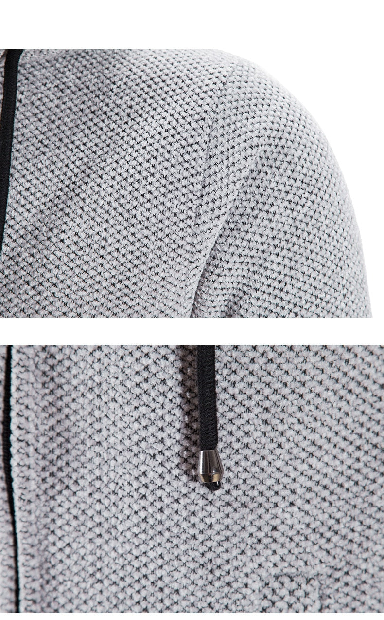 Men's Long Hooded Cardigan Coat Hollis in Grey – shoulder and drawstring detail