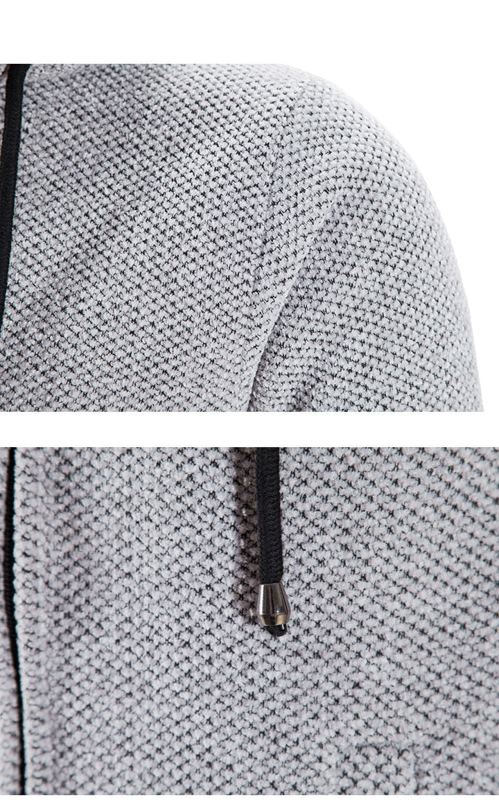 Men's Long Hooded Cardigan Coat Hollis in Grey – shoulder and drawstring detail