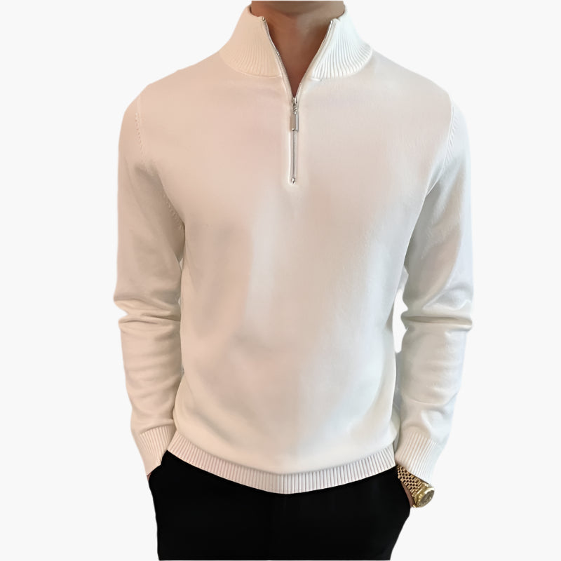 Men's fine knit quarter zip jumper in white – Oberon – front view