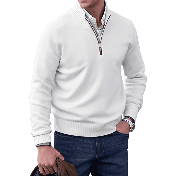 Men's soft knit quarter zip jumper Linton in White – front view
