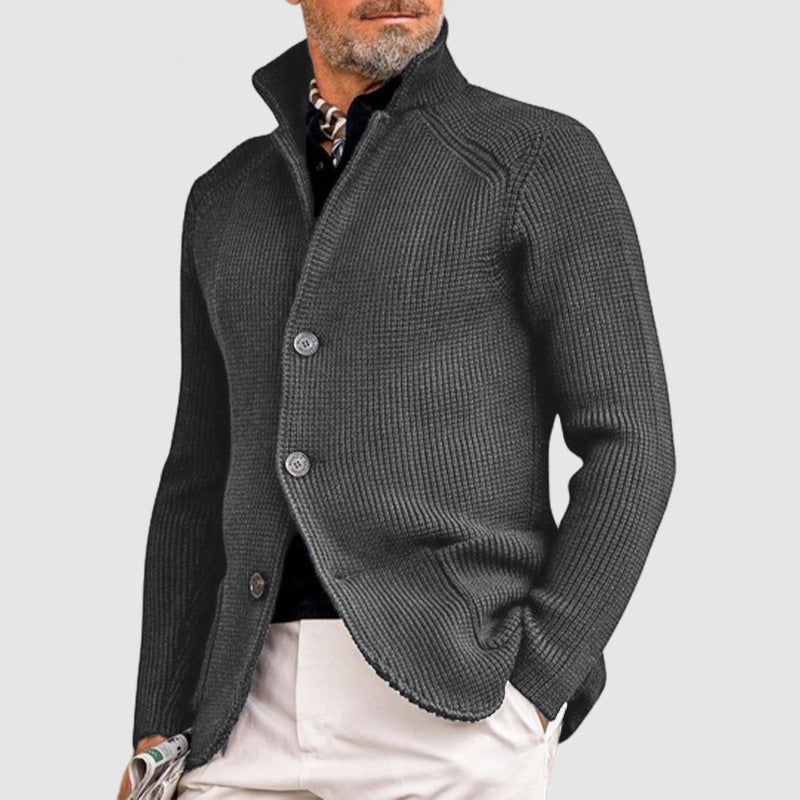 Men's stand collar knit cardigan Jorvik in Grey – front view