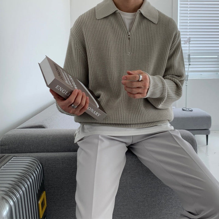 Men's Half Zip Polo Jumper – Ender in Grey, seated full view