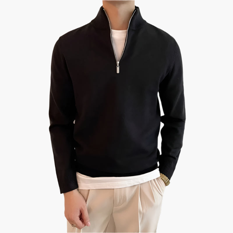 Men's fine knit quarter zip jumper in black – Oberon – front view