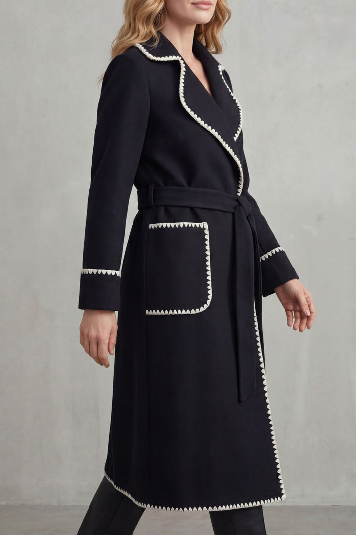 Women's Longline Belted Coat with Contrast Trim – Esme