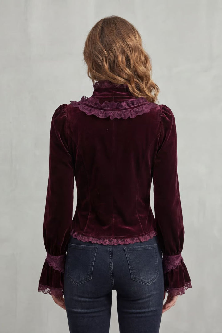 Women's Velvet Blouse with Ruffled Lace High Neck - Stellienne