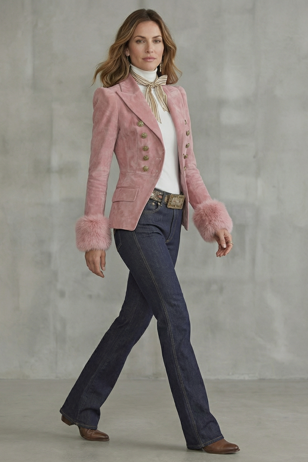 Women's Slim Fit Suede Blazer with Faux Fur Cuffs - Valmonde