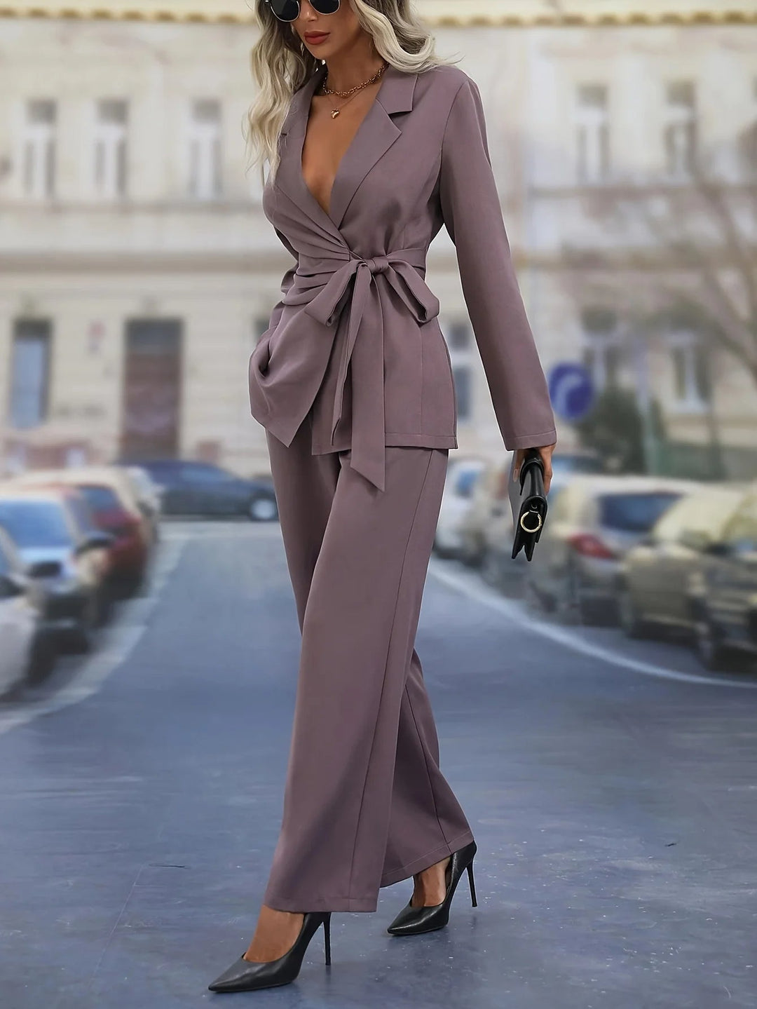 Women's Tailored Blazer Suit Set with Tie Waist Belt