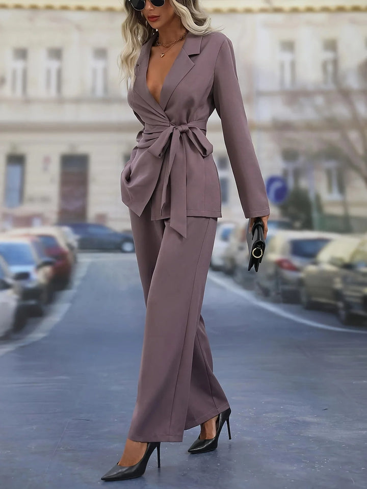 Women's Tailored Blazer Suit Set with Tie Waist Belt