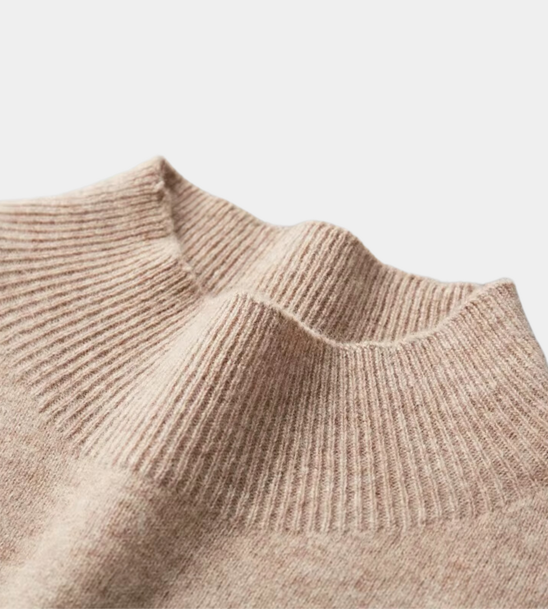 Taupe soft knit mock neck jumper – close-up of ribbed mock neck