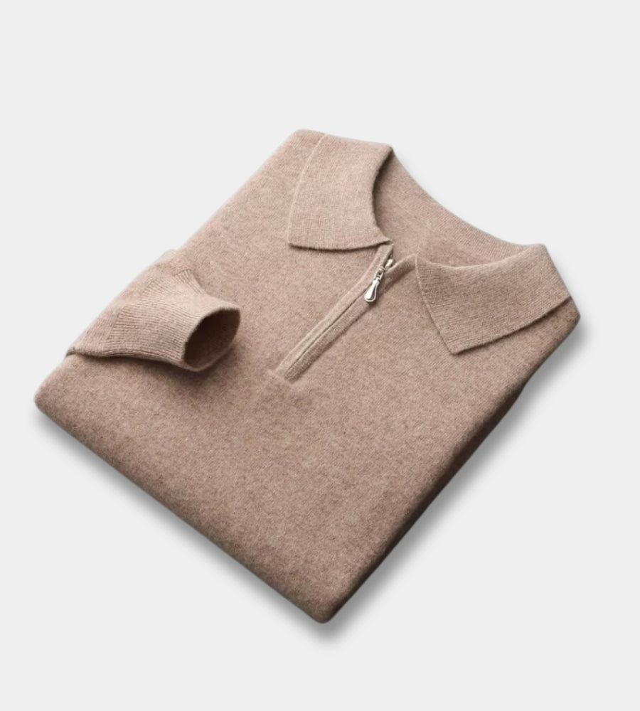 Men's brown half zip knitted polo jumper – folded