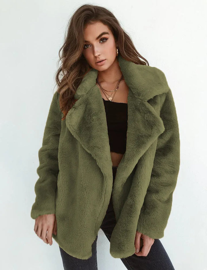 Women's Faux Fur Teddy Jacket with Wide Lapel Collar