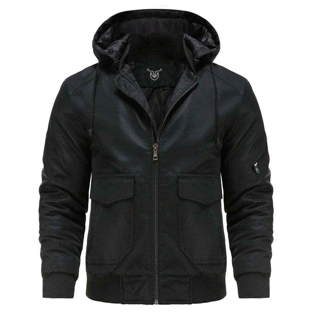 Men's hooded faux leather bomber jacket Highway in Black – front view
