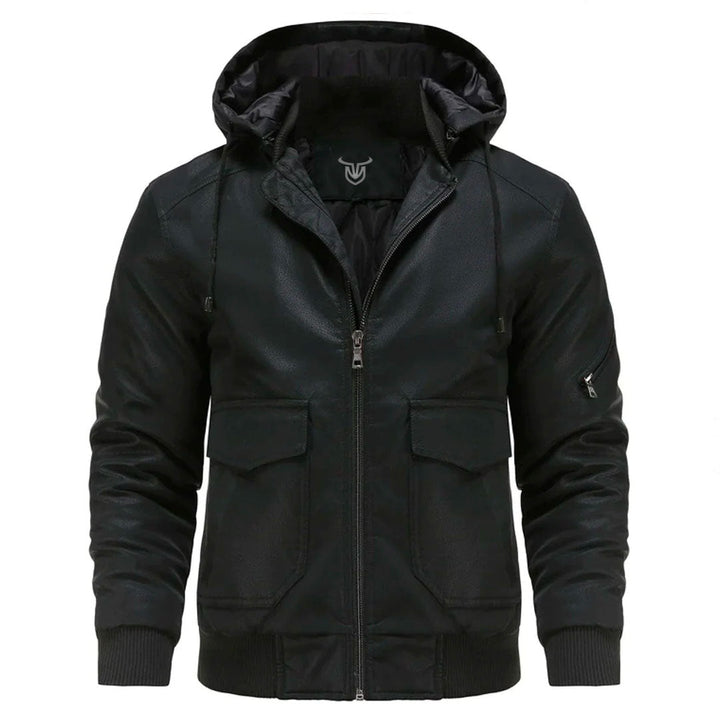Men's hooded faux leather bomber jacket Highway in Black – front view