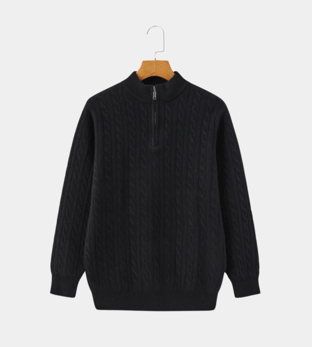 Men's black cable knit quarter zip jumper – front view on hanger