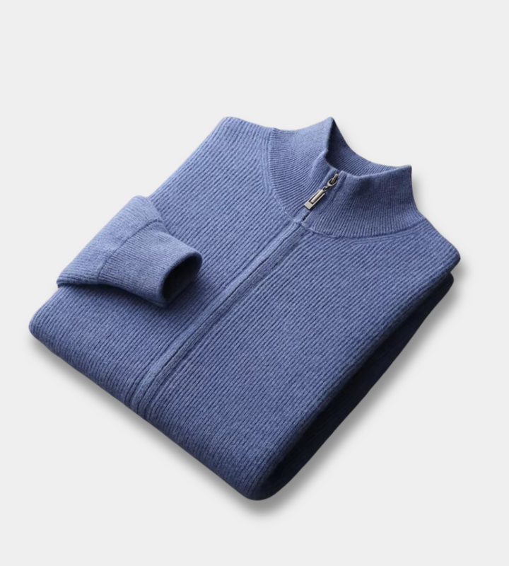 Men's ribbed zip up cardigan Penrith in Blue – folded view