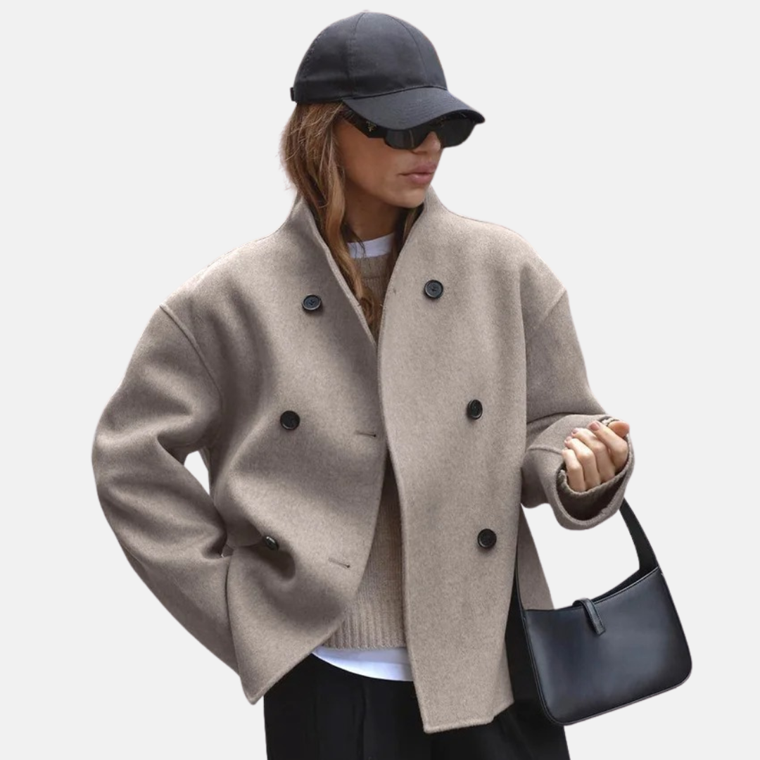 Women's short double breasted coat Ailsa in Brown – front view styled with cap