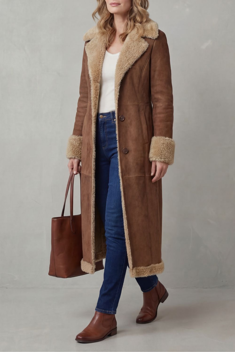 Women's Long Winter Coat with Shearling Lining – Rowan