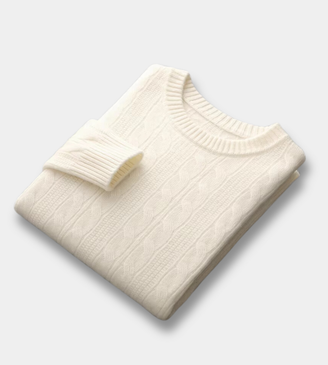 Men's off white cable knit crew neck jumper – folded