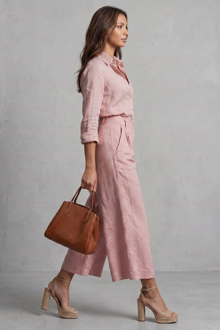 Women's Linen Look Shirt and Wide-Leg Trouser Co-ord Set - Delphiere
