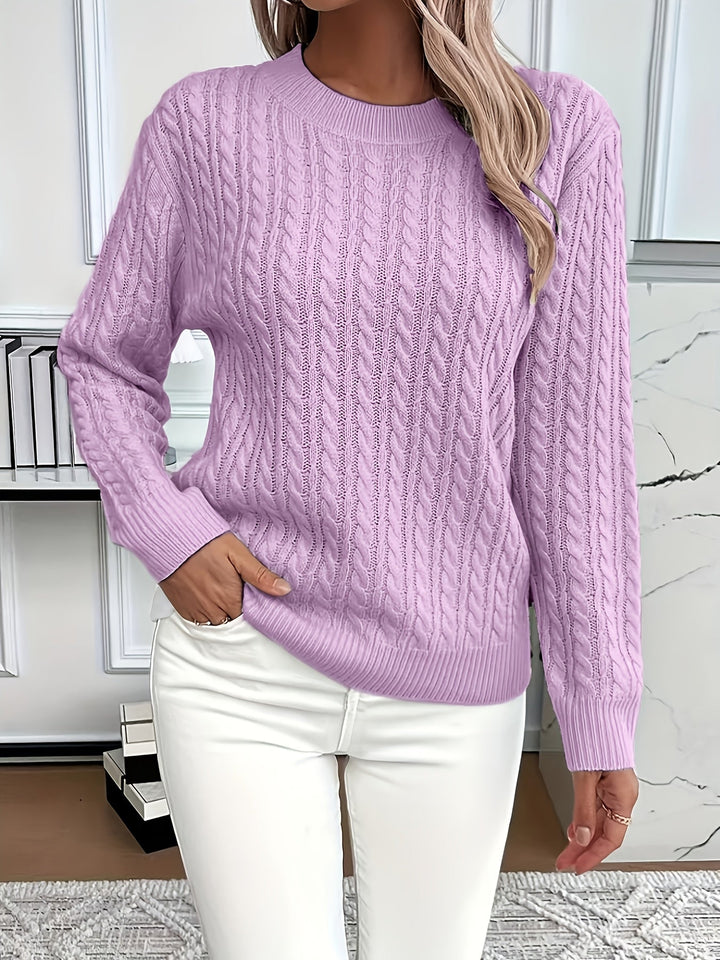 Women's cable knit jumper Rosalina in Purple – front view hand in pocket