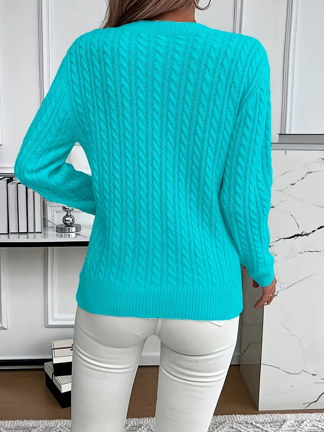 Women's cable knit jumper Rosalina in Peacock Blue – back view
